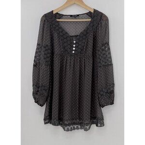 Daniel Rainn Charcoal Gray Swiss Dot Sheer Bell Slv Tunic‎ Blouse Sz Sm, Gothic